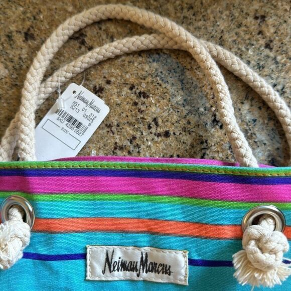 Neiman Marcus bright stripe knot rope handle small tote. 14 x 10 1/2 x 4 1/2 in. - Picture 3 of 5